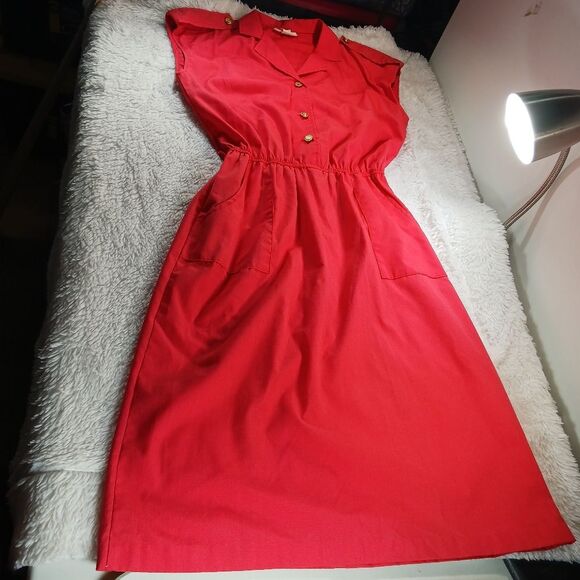 Vintage Alicia Coral Red Sleeveless Midi  Dress 2 Pockets Womans Size 12 Tall - Picture 4 of 9